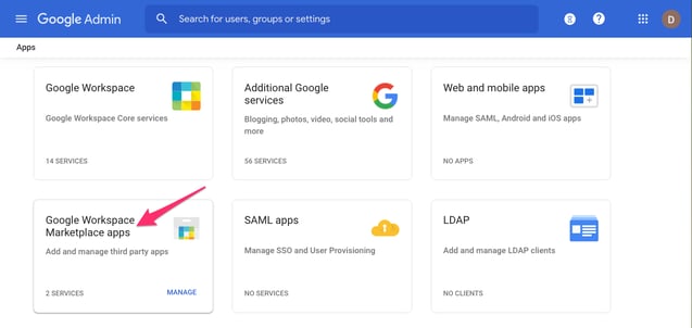 2. Google admin, apps page, zoomed with arrow