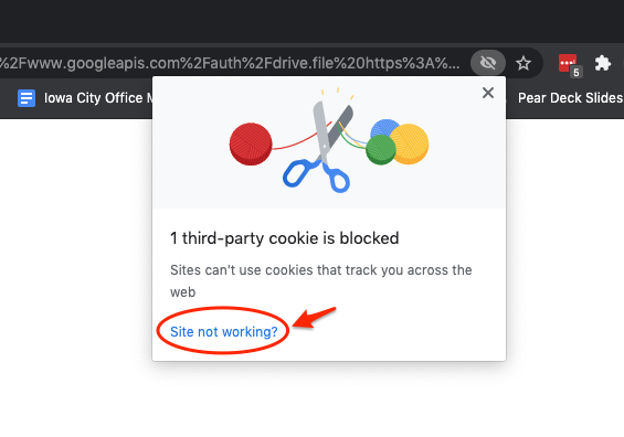 Blocked cookies in chrome, site not working, red arrow