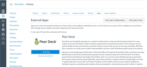 Canvas, app center, pear deck, add app button