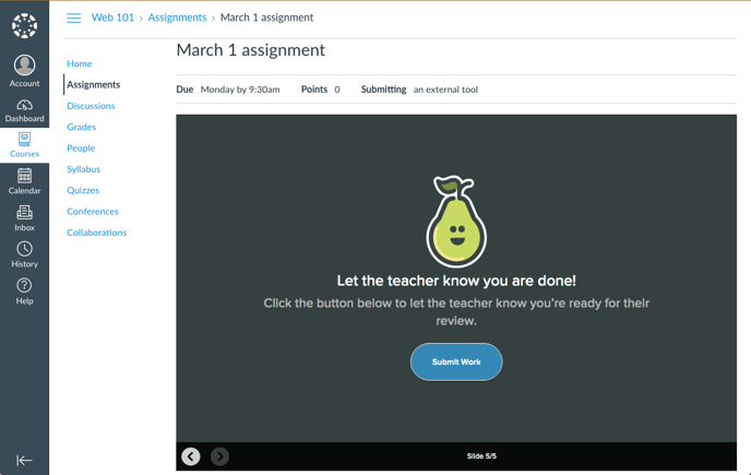 Canvas, student view, submit work button