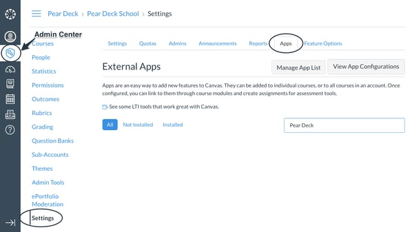 Canvas, admin, tools, settings, apps, search pear deck-1
