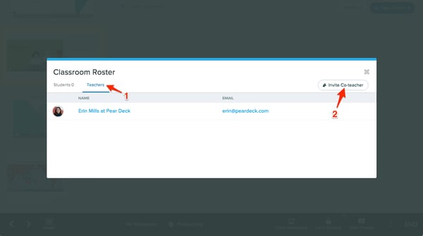 Dashboard, classroom roster, invite co-teacher, red arrows