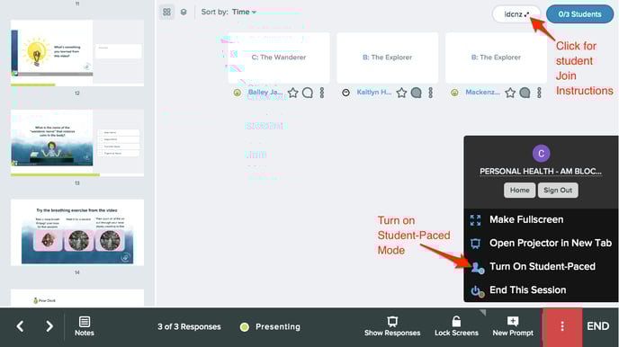 Dashboard, join instructions and turn on student-paced, arrows