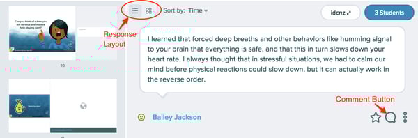 Dashboard, text slides, response layout, comment button, arrows