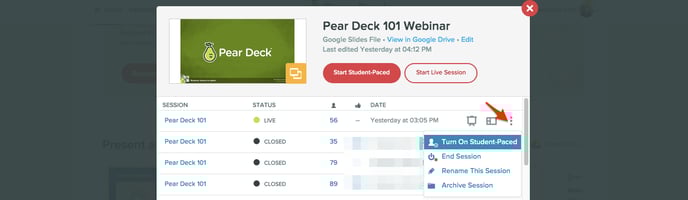 Deck modal, gslides, turn on student-paced, red arrow