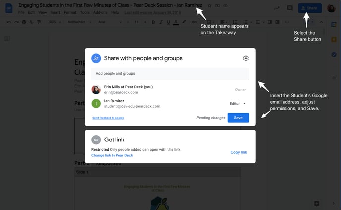 Drive, share a takeaway doc, arrows