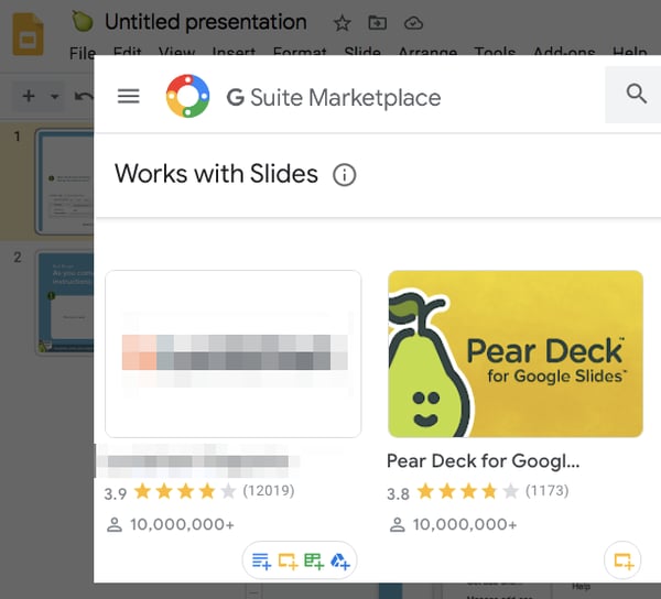 Gslides add-ons menu, pear deck