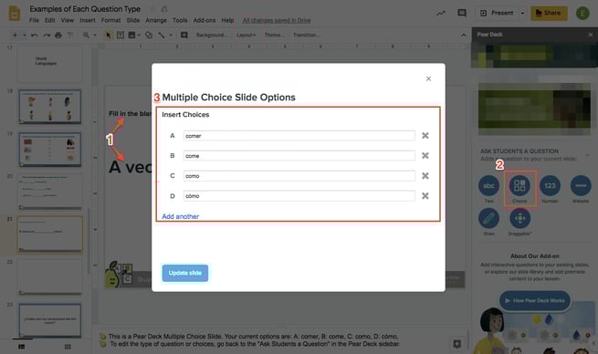 Gslides editor, create multiple choice slide, red arrows