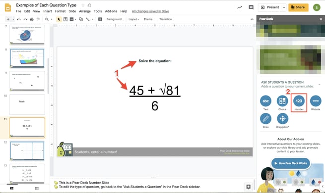 Gslides editor, create number slide, red arrows