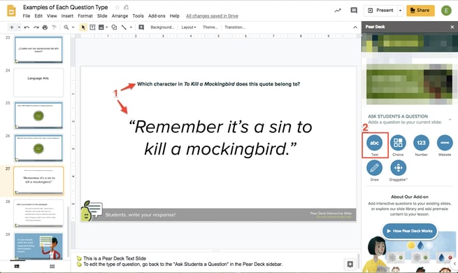 Gslides editor, create text slide, red arrows