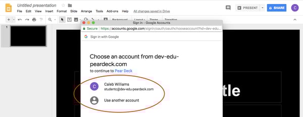 Gslides, add-on installation, account chooser, zoomed