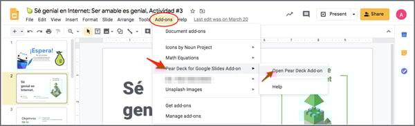 Gslides, open the add-on, red arrows