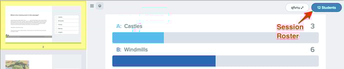 Multiple choice, dashboard, session roster with red arrow, zoomed