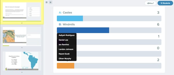 Multiple choice, lit passage, overlaid with names, dashboard