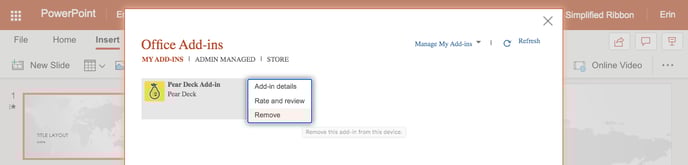 Office, add-ins, remove pear deck, zoomed