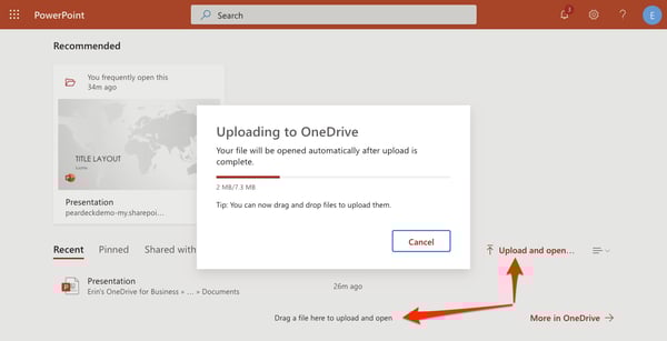 PowerPoint Online, upload file, red arrows