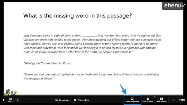 Projector, don quijote slide, show responses, blue arrow
