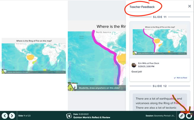 Reflect & review, student feedback from dashboard, red arrow