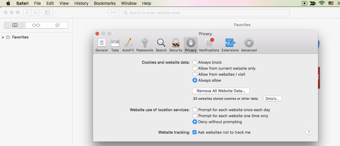 Safari > preferences > privacy > always allow