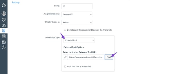 Schoology assignment, submission type, external tool, pear deck, arrows, zoomed