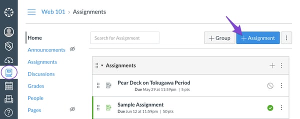 Schoology, add assignment button, arrow