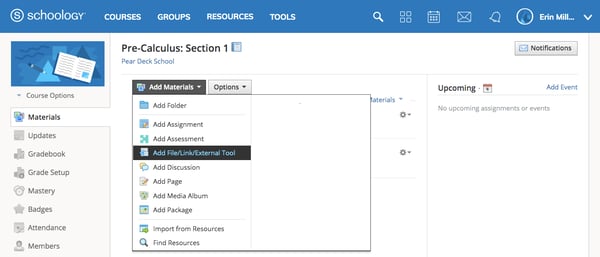 Schoology, add materials, add filelinkexternal tool, no tools added