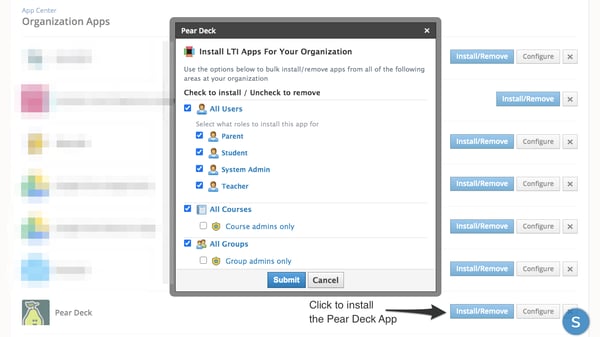Schoology, app center, organization apps, click to install pear deck
