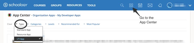 Schoology, app center, type, LTI app, cropped with arrow-1
