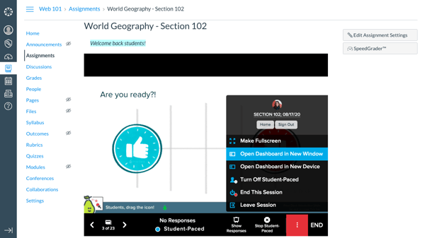 Schoology, assignment, student-paced, more actions, open dashboard