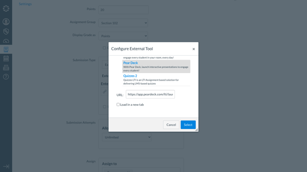 Schoology, configure external tool, pear deck highlighted