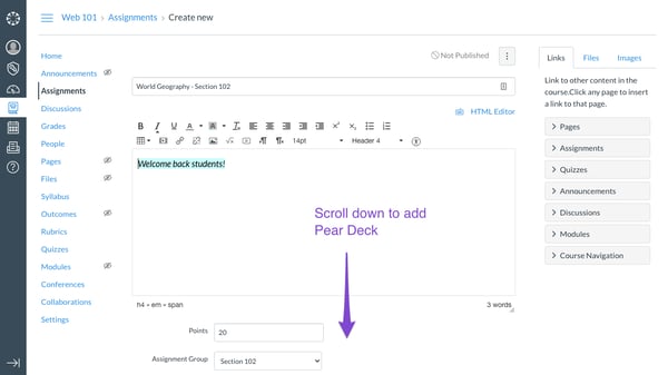 Schoology, assignments, create new, scroll down to add pear deck