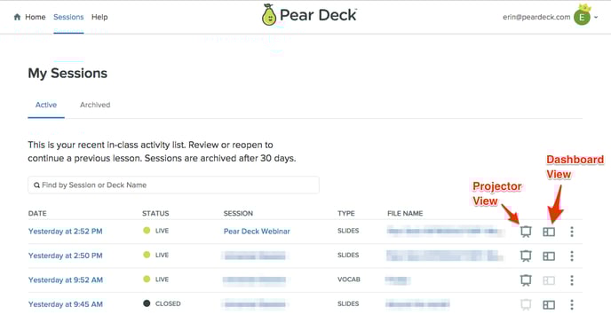 Sessions menu, projector and dashboard views (2)