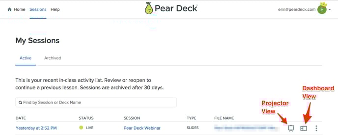 Sessions menu, projector and dashboard views (3)