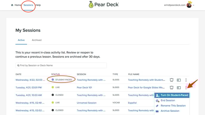 Sessions menu, student paced status, circled