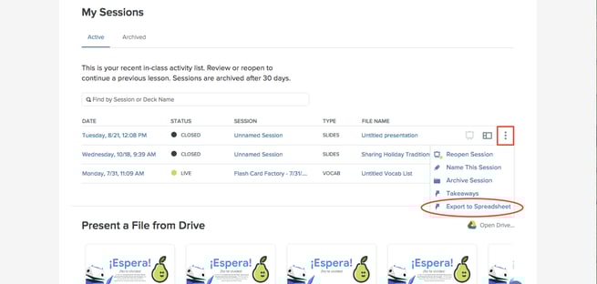 Sessions, export to spreadsheet, circled