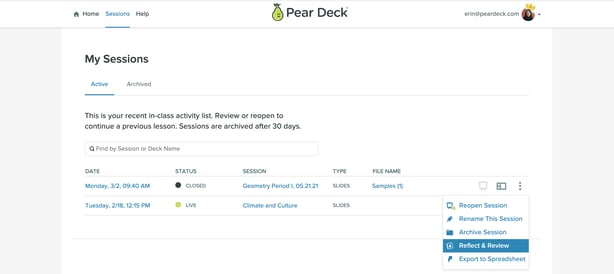 Sessions, modal menu, reflect & review