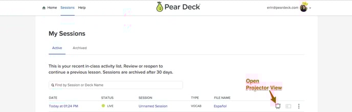 Sessions, proector view icon, ff, red arrow-1