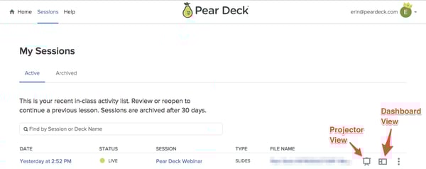 Sessions, projector and dashboard buttons, red arrows, zoomed