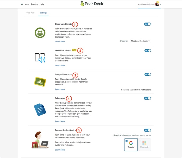 Settings menu, numbered