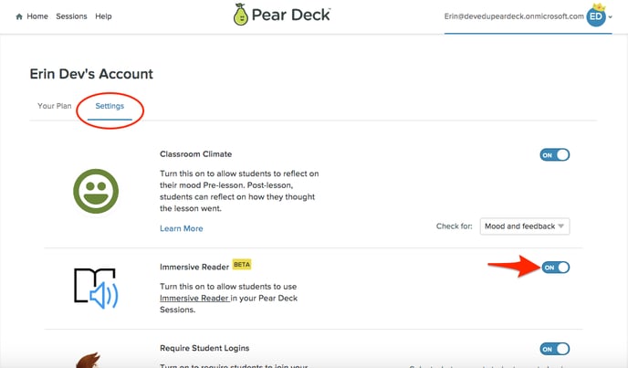 Settings, immersive reader