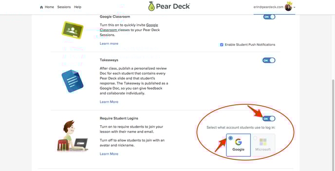 Settings, require email on, google, red arrows