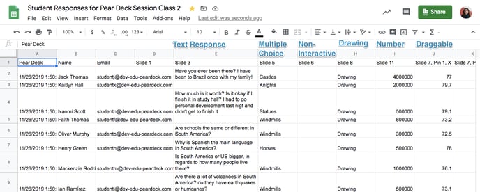 Spreadsheet export, reponse types labled