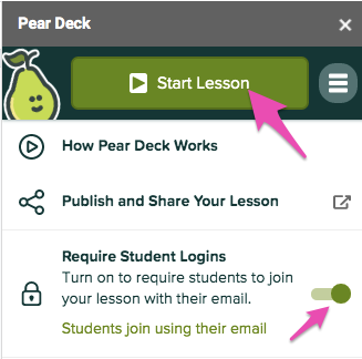 Start lesson, require email login, purple arrows