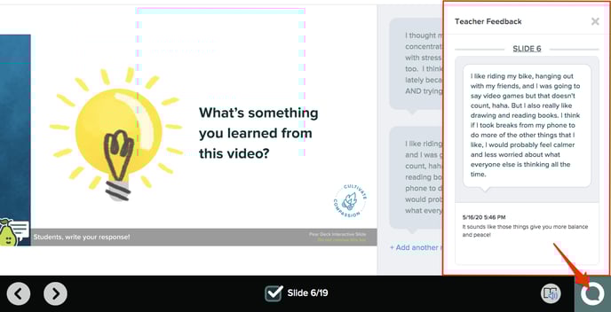 Student view, click on comment button, feedback open, red arrow