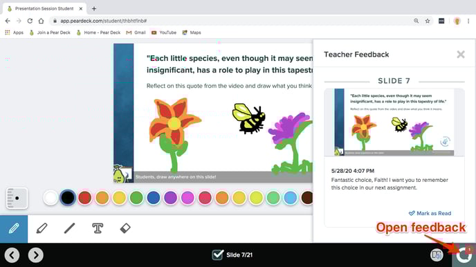 Student view, open feedback, red arrow