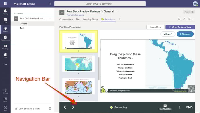 Teams, dashboard with navigation bar, red arrow-1