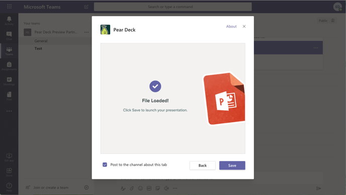 Teams, file loaded, click save