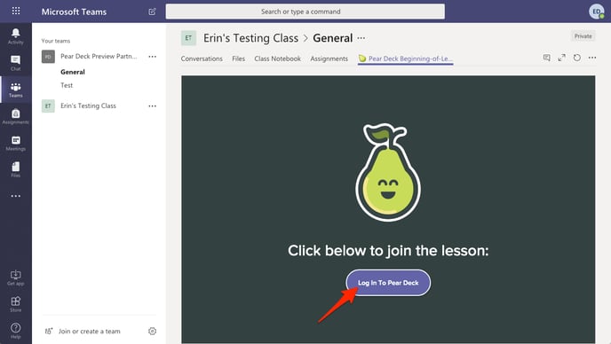 Teams, log into session, red arrow-1