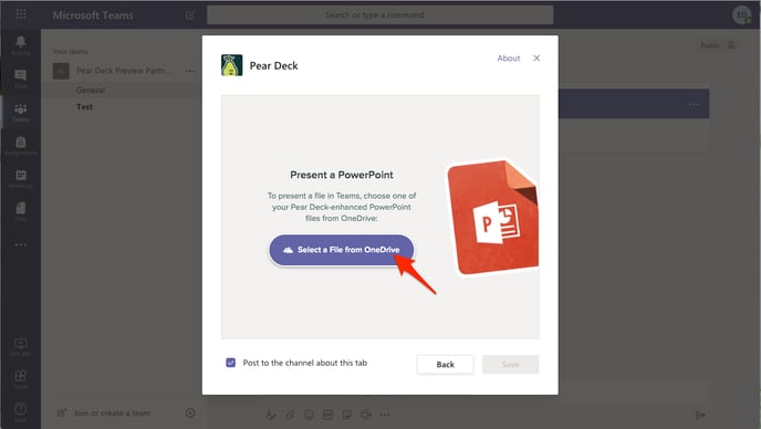 Teams, select a file from onedrive, red arrow