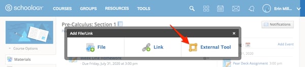 schoology, external tool pop-up, red arrow
